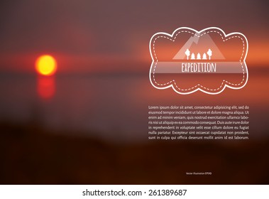 Vector illustration. Blank. The label on the topic of travel with the text on the background of blurred photos sunset