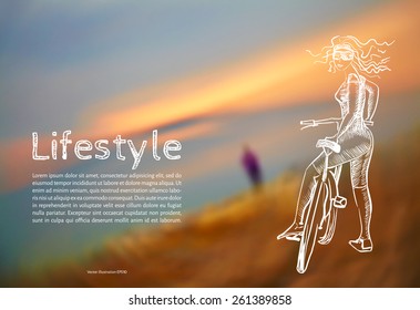 Vector illustration. Blank. Lifestyle. Sketch athletic girl with a bicycle with the text on the background of blurred photos of the sunset.