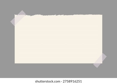 Vector illustration of a blank, lined paper note taped on a gray background. The note has a torn edge and is secured with two pieces of transparent tape. - Powered by Shutterstock - Get 15% off with code: PIKWIZARD15