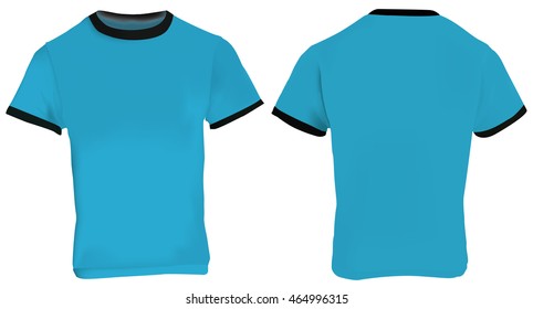 Vector Illustration Of Blank Men Blue Ringer T-shirt Template, Blue Shirt With Black Collar And Sleeve Bands, Front And Back Design Isolated On White