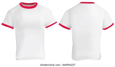 Vector Illustration Of Blank Men Red Ringer T-shirt Template, White Shirt With Red Collar And Sleeve Bands, Front And Back Design Isolated On White