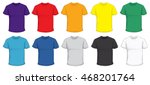 Vector illustration of blank men's t-shirt template in many color, red, purple, blue, green, gray, black, white, yellow, orange, front design isolated on white