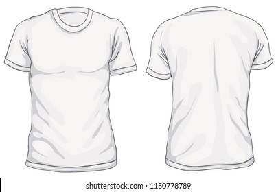 Vector illustration. Blank Men's t-shirt, front and back views. Simple outline shirt design. Isolated on white