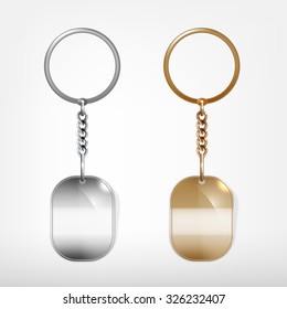 Vector illustration of a blank metal oval keychain with a ring for a key, Isolated on a white background. Ideal template for branding, identity guidelines and promo campaigns.