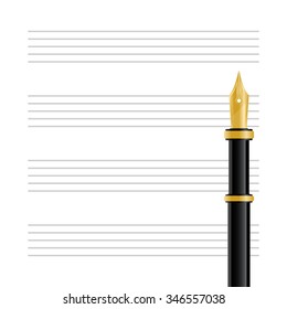 Vector illustration of blank musical staff and fountain pen