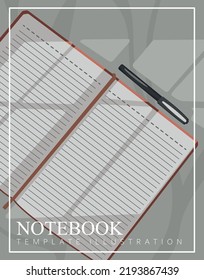 Vector illustration of blank notebook with lines and pen on table. Modern template design with text.