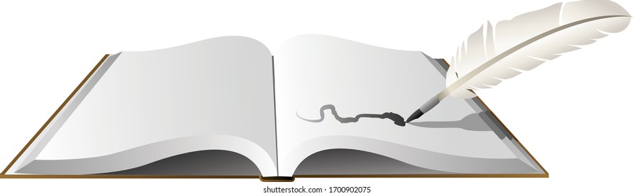A vector illustration of a blank open book with a feather quill pen writing in it