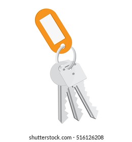 Vector illustration blank orange tag and keys. Bunch of keys with keychain isolated on white background