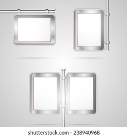 Vector illustration of blank outdoor city light. Set of white blank city light template with gray frame on metallic rod. Isolated vector illustrations on gray background.