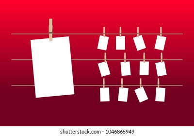 Vector illustration of a blank paper note hanging on a rope. Red background.