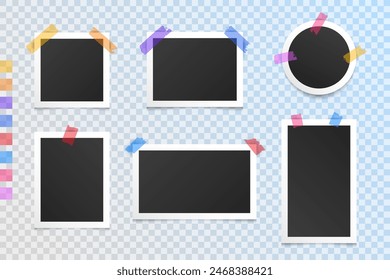 Vector illustration. Blank photo frames collection glued on colorful sticky tape. Realistic shadow effect. Design elements for advertisements, posters, book, magazine covers, layouts, flyers, banners