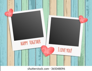 Vector illustration of blank photo frames inscription I love you and hearts on colorful wood background