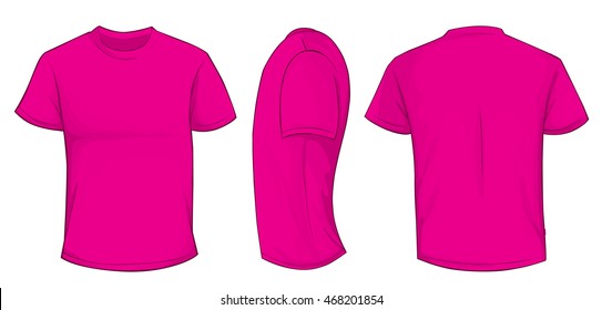 Vector illustration of blank pink men t-shirt template, front, side and back design isolated on white