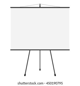 Vector illustration of blank projection big screen. Template of presentation big screen in flat style. Blank whiteboard, tripod projector for seminar.