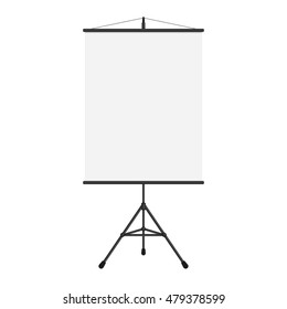 Vector Illustration Of Blank Projection Screen. Template Of Presentation Screen In Flat Style. Blank Whiteboard, Tripod Projector For Seminar.