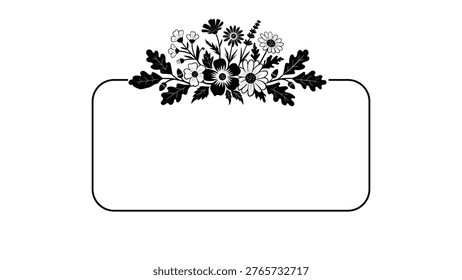 Vector illustration of blank rectangular frame and plaque with a detailed floral and botanical top cluster for text logos and elegant titles isolated on white background.