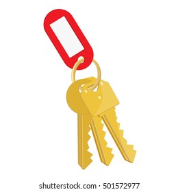 Vector illustration blank red tag and golden keys. Bunch of keys with keychain isolated on white background