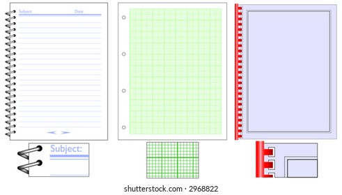 Vector illustration of blank ring-bound notebook, cover and graph paper