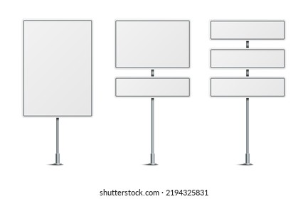 Vector illustration of blank road signs isolated on white background. Set of traffic signs with place for text. Collection of realistic white traffic control signs on metal poles. 
