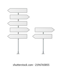 Vector illustration of blank road signs isolated on white background. Set of traffic signs with place for text. Collection of realistic white traffic control signs on metal poles. 