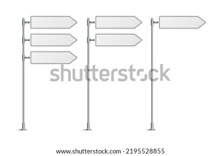 Vector illustration of blank road signs isolated on white background. Set of traffic signs with place for text. Collection of realistic white traffic control signs on metal poles. 

