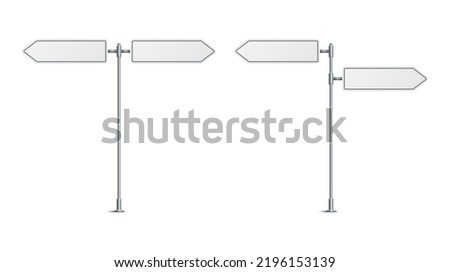 Vector illustration of blank road signs isolated on white background. Set of traffic signs with place for text. Collection of realistic white traffic control signs on metal poles. 
