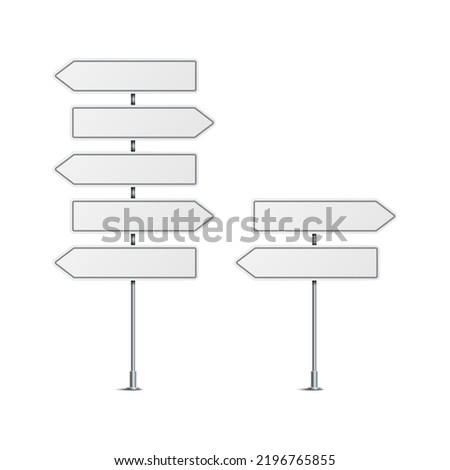 Vector illustration of blank road signs isolated on white background. Set of traffic signs with place for text. Collection of realistic white traffic control signs on metal poles. 