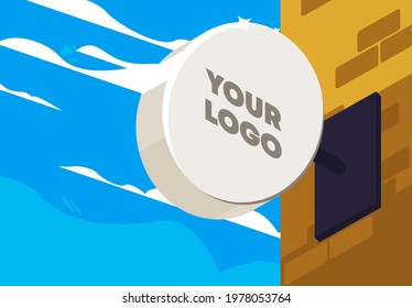 Vector illustration of a blank round signboard template for your logo on the corner of a brick wall against the background of sky and clouds