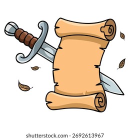 Ilustración vectorial de pergamino de pergamino en blanco con diseño aislado de espada adecuado para el mensaje vintage de fantasía temática medieval o el concepto de obra de arte creativo guerrero