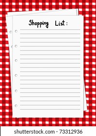 Vector illustration of a blank shopping list on a red and white tablecloth, vector illustration