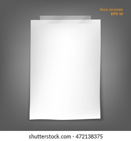 Vector illustration of blank with transparent adhesive tape on grey background. Empty white paper sheet. It can be used as a mockup template for your different projects. Fully editable EPS 10 file.