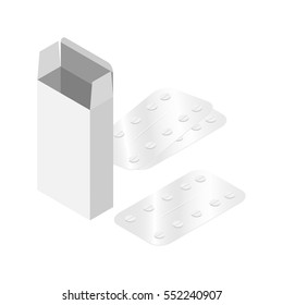 Vector Illustration of blank white box packaging with pills on the surface. Isometric view. Template Layout ready to design.