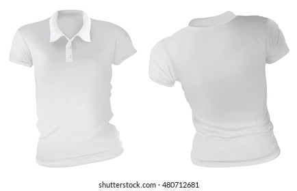 Vector illustration of blank white female polo t-shirt template, front and back design isolated on white