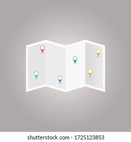 Vector illustration of blank white folded card with pointers on gray background. Map of the area. eps 10