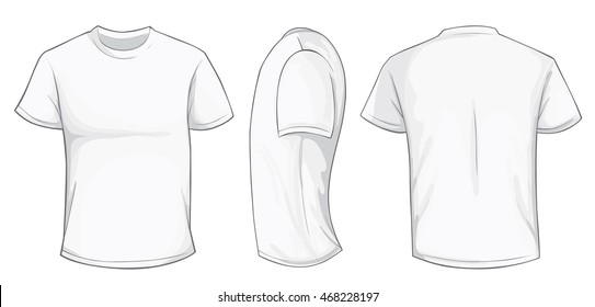 Vector illustration of blank white men t-shirt template, front, side and back design isolated on white