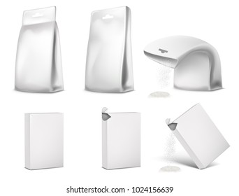 Vector illustration of blank white packaging, package design. Template of sachet, empty mockup of box, bag, pouch for food, cleaners. Opened, closed containers. Concept for advertising promotion.
