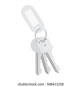Vector illustration blank white tag and keys. Bunch of keys with keychain isolated on white background