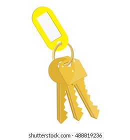 Vector illustration blank yellow tag and golden keys. Bunch of keys with keychain isolated on white background