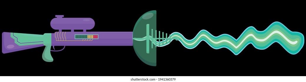 Vector illustration of a blaster firing a beam. Alien weapon concept. Children's weapons for games. colorful picture for game design.