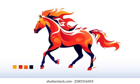 Vector illustration of a blazing fire horse. A symbol of the Year of the Horse, China. A red horse with its mane and tail shaped like flames