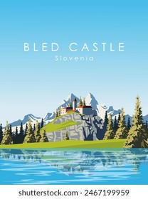 Vector illustration. Bled Castle Slovenia travel poster. Poster, banner, postcard, cover design. Slovenia. Modern design. Tourism, travel.