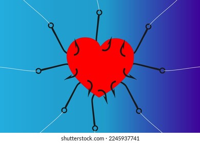 Vector illustration of bleeding heart torn in all directions by fish hooks, concept of emotional uncertainty and emotional problems
