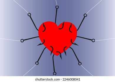 Vector illustration of bleeding heart torn in all directions by fish hooks, concept of emotional uncertainty and emotional problems