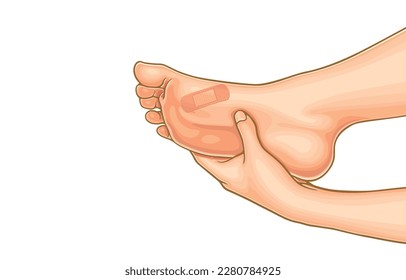 Vector illustration of bleeding wound on woman foot,incised wound on foot,touching painful,patients with foot ulcers,injured,accident,isolated on white.Carelessness,Accident prevention.