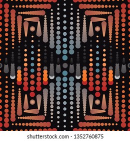 Vector Illustration of blended tan, blue, grey, red and orange dots and circles on black background. This elegant, stylish seamless repeat pattern is perfect for gift, cards, wallpaper, scrapbooking,