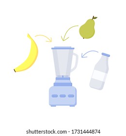Ilustración vectorial. Blender, leche y fruta: banana, pera. Preparando un batido.