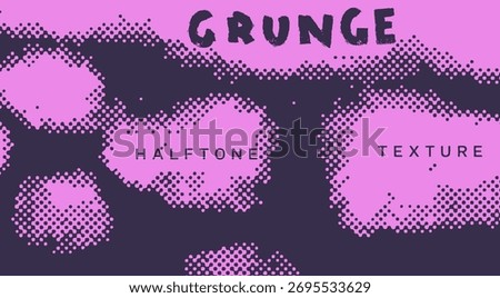 Vector illustration blends grunge halftone texture in bold purple and pink with distressed dot patterns and rugged shapes. Jagged text labels evoke a raw, urban theme of gritty graphic rebellion.