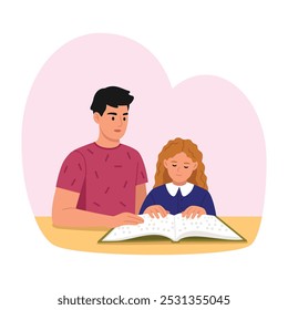 Vector illustration of a blind girl reading a book. Cartoon scene of a blind girl sitting at a table and reading a braille book under the supervision of her father isolated on white background.