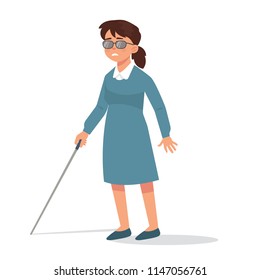 Vector Illustration Of Blind Girl Walking With Her Stick