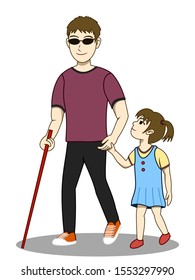 Vector illustration of Blind man and his daughter are walking together. His daughter take care and guide him. Both look happy. It's a lovely family image. svg